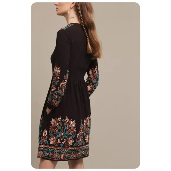 Anthropologie Floreat Black Embroidered Avery Dress sz L - Picture 2 of 10